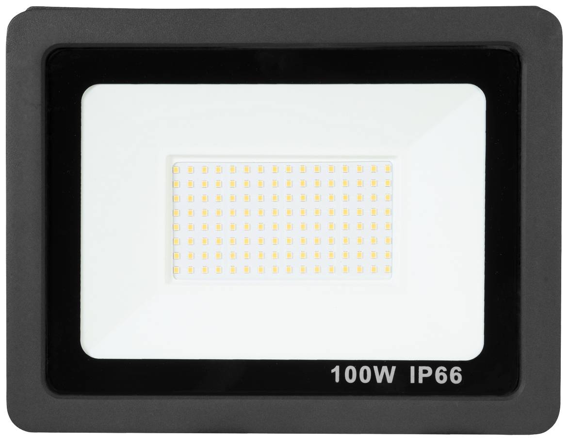 Pravokoten LED reflektor, 100 W, IP66, črn okvir, primeren za zunanjo uporabo.