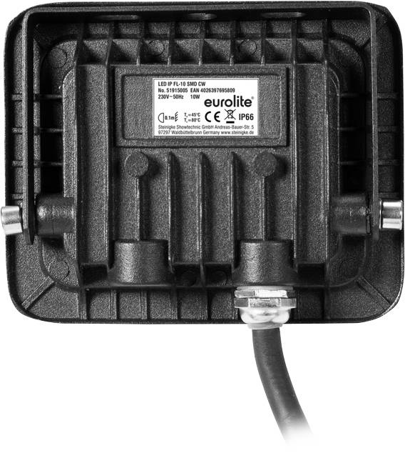 Črni LED reflektor znamke Eurolite, model FL-10 SMD CW, 10 vatov, primeren za zunanjo razsvetljavo (IP65). Prikaz zadnje strani.