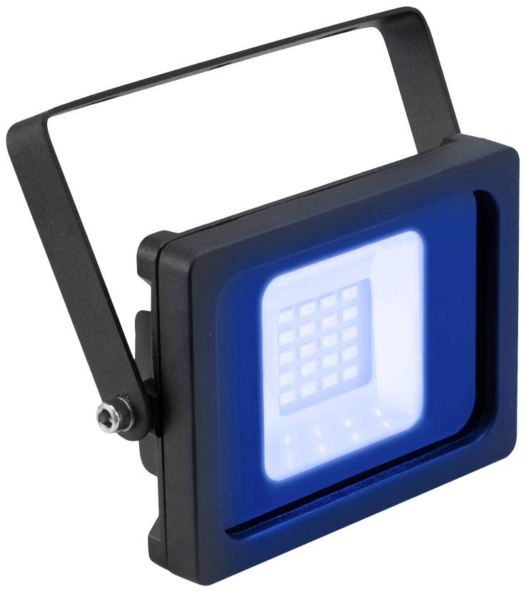 Kvadratni LED reflektor z modro svetlobo. Črn okvir, osredotočeno svetlobno središte. Primeren za odrsko ali dogodkovno razsvetljavo.