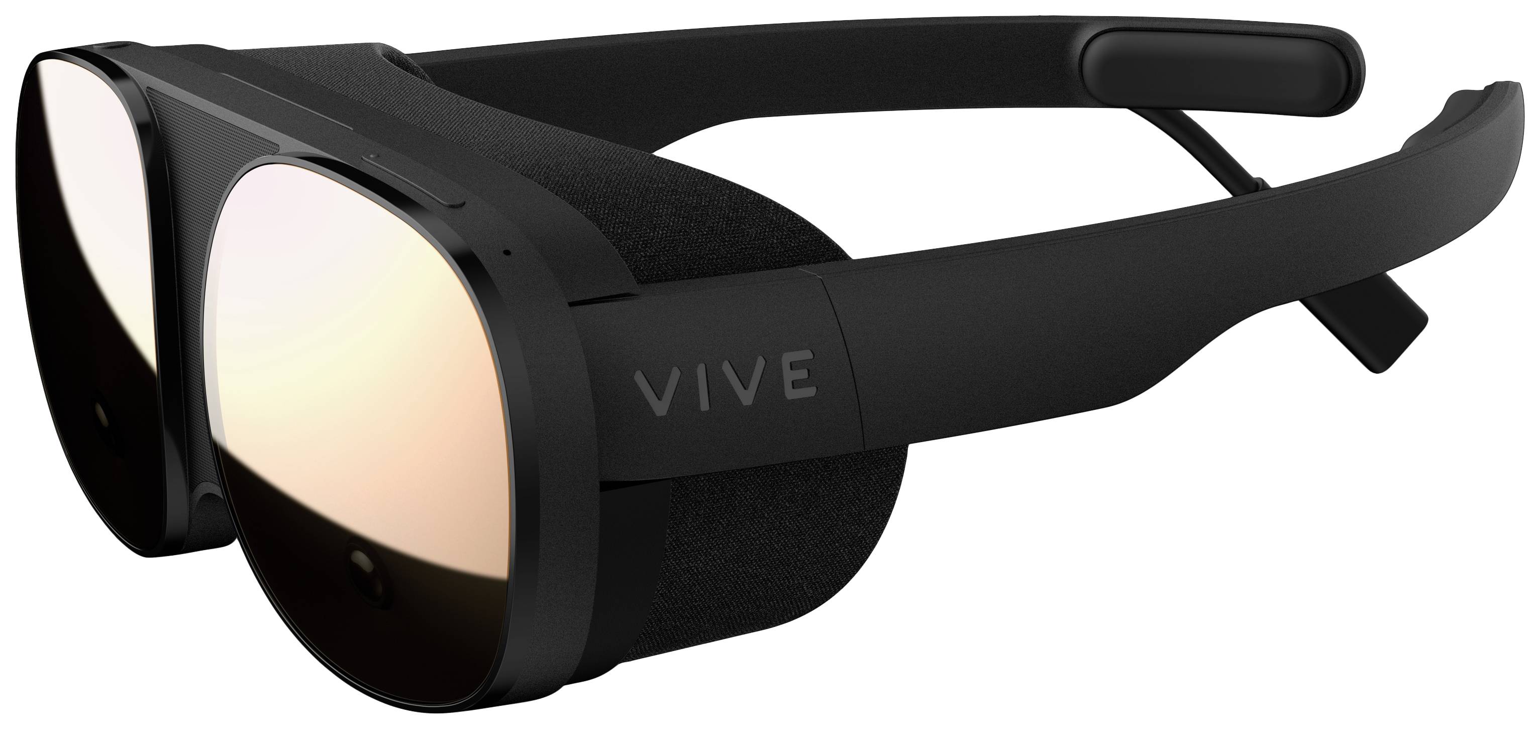 Črna VR-očala z napisom 'VIVE' na strani. Očala imajo velike, okrogle leče in rahlo oblazinjeno ogrodje.
