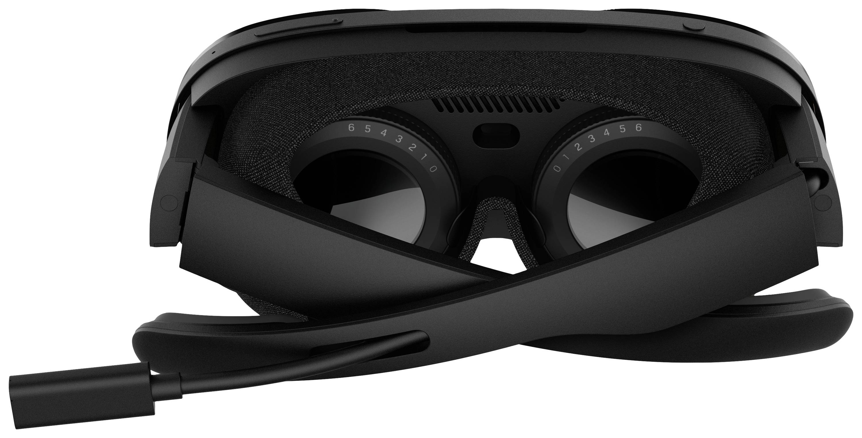 Črna virtualna realnost očala, prikazana frontalno. Vidni sta obe leči in kabel, navit okoli očal.