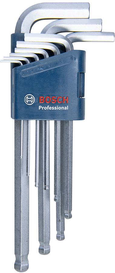 Nabor imbus ključev različnih velikosti, nameščenih v modrem držalu z logotipom 'Bosch Professional'.