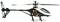 Stranski pogled prikazuje črno-bel modelarski helikopter z rotorskimi krili in žično elektroniko.