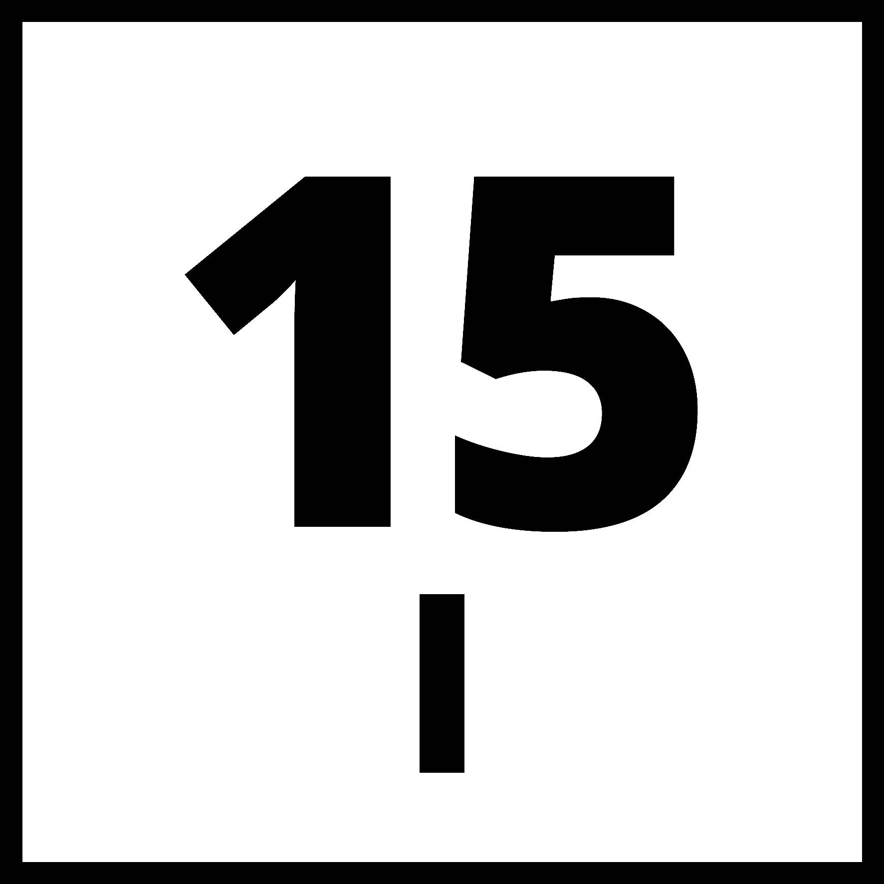 Številka '15' je prikazana z velikimi, črnimi številkami. Pod njo je majhna navpična črta.
