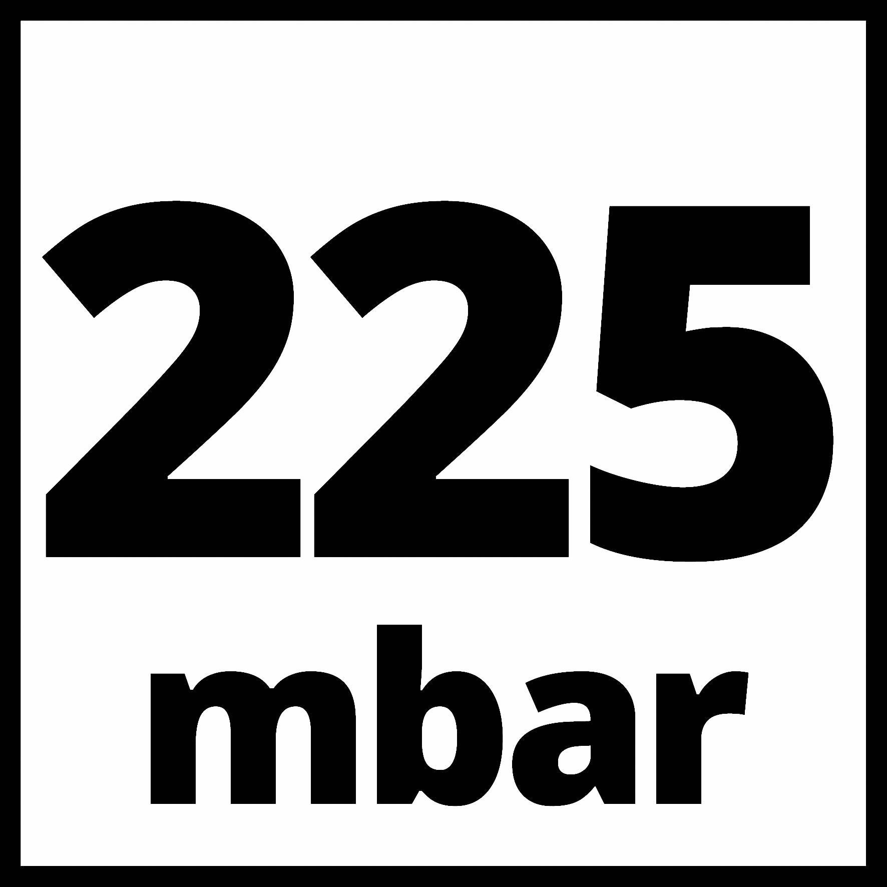 "225 mbar" s črno pisavo na belem ozadju v kvadratnem formatu.
