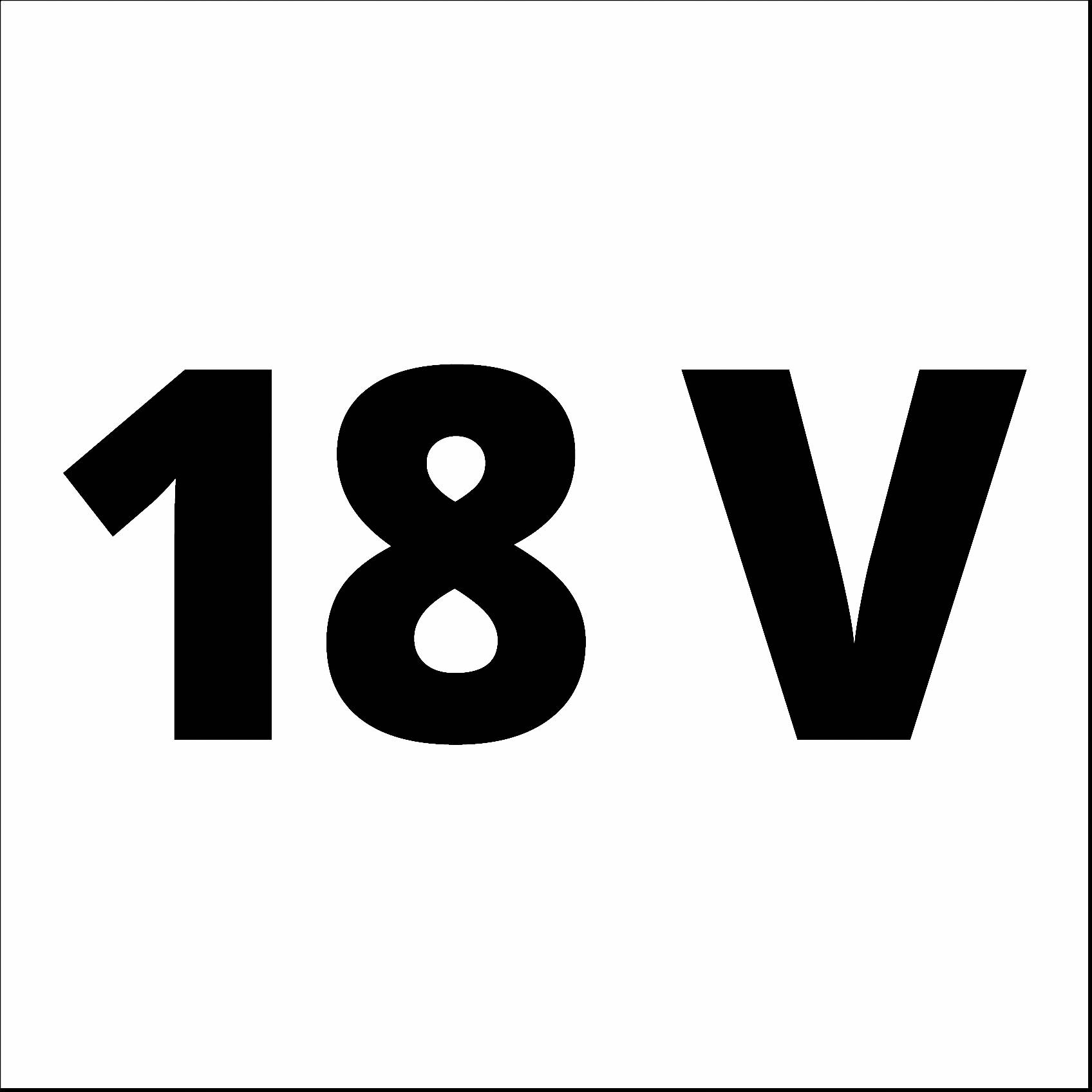 '18 V' z velikimi, črnimi številkami in črkami na beli podlagi.