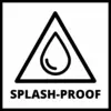 Trikotni simbol s kapljico v notranjosti. Pod njim besedilo 'SPLASH-PROOF', kar kaže na zaščito pred brizgajočo vodo.