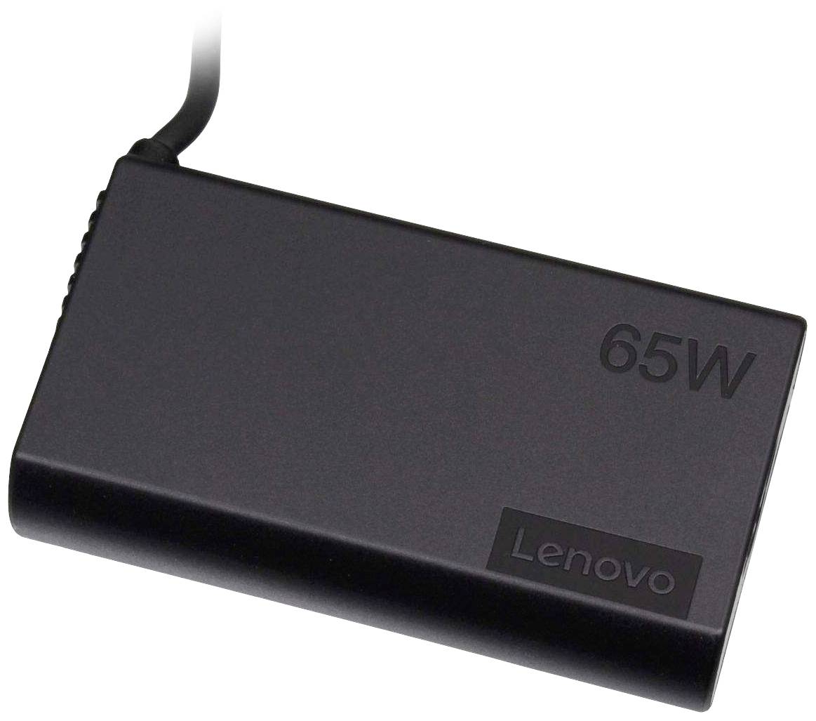 Črn Lenovo polnilec z napisom '65W'.