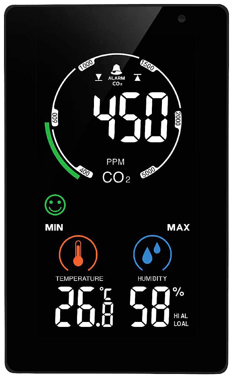 Digitalni merilnik CO₂ prikazuje '450 PPM', temperaturo '26,8 °C' in vlažnost zraka '58 %'. Zeleni smeško indikator kaže dobro kakovost zraka.