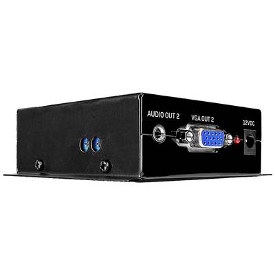 Črni AV-splitter z avdio izhodom, VGA izhodom in 12V/0C priključkom.