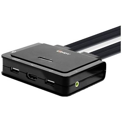 Črn KVM-stikalo znamke Lindy z dvema HDMI-priključkoma, enim USB-priključkom in avdio priključkom, primeren za povezovanje računalnikov.