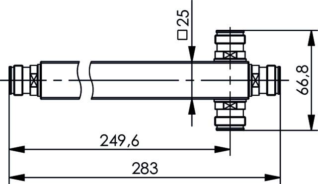 Tehnična risba cevi z dimenzijami: 283 mm dolžina, 25 mm premer, 66,8 mm višina priključkov.