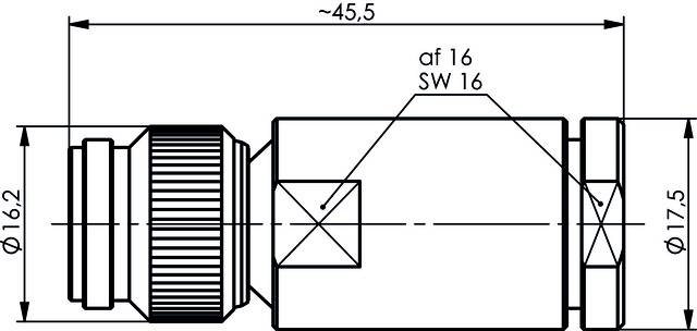 Tehnična risba cilindričnega priključka z merami: dolžina pribl. 45,5 mm, premer 16,2 mm in 17,5 mm, navoj in velikost ključa 16.