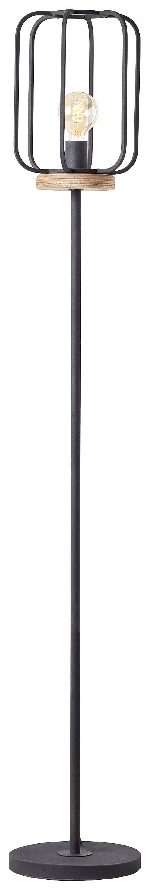 Stoječa svetilka s črnim kovinskim ogrodjem, nitastim svetilom in lesenim poudarkom. Sodoben, minimalistični dizajn.