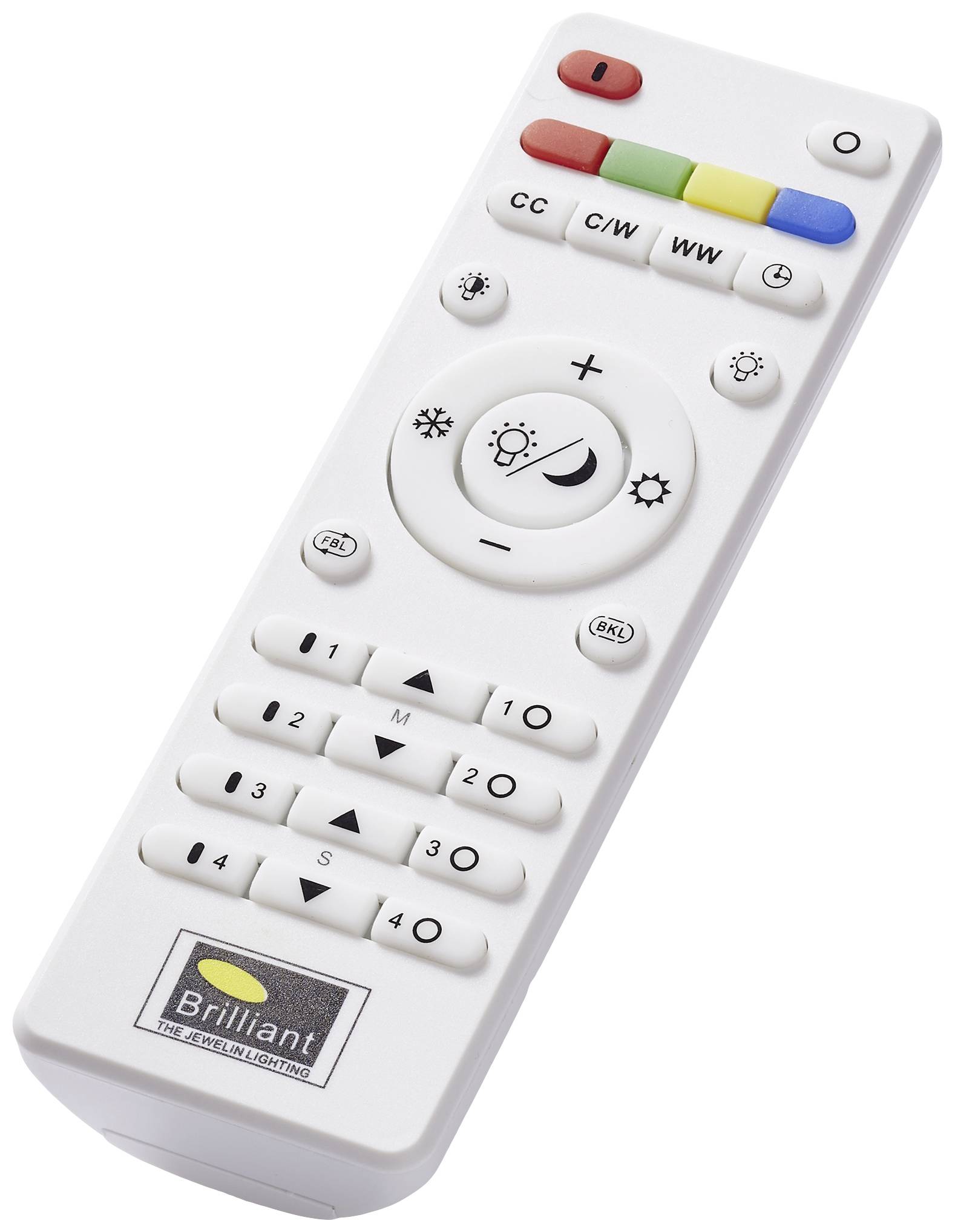 Bela daljinski upravljalnik s pisanimi tipkami in simboli za nadzor svetlosti, barve in načinov delovanja. Logotip 'Brilliant' v spodnjem levem kotu.