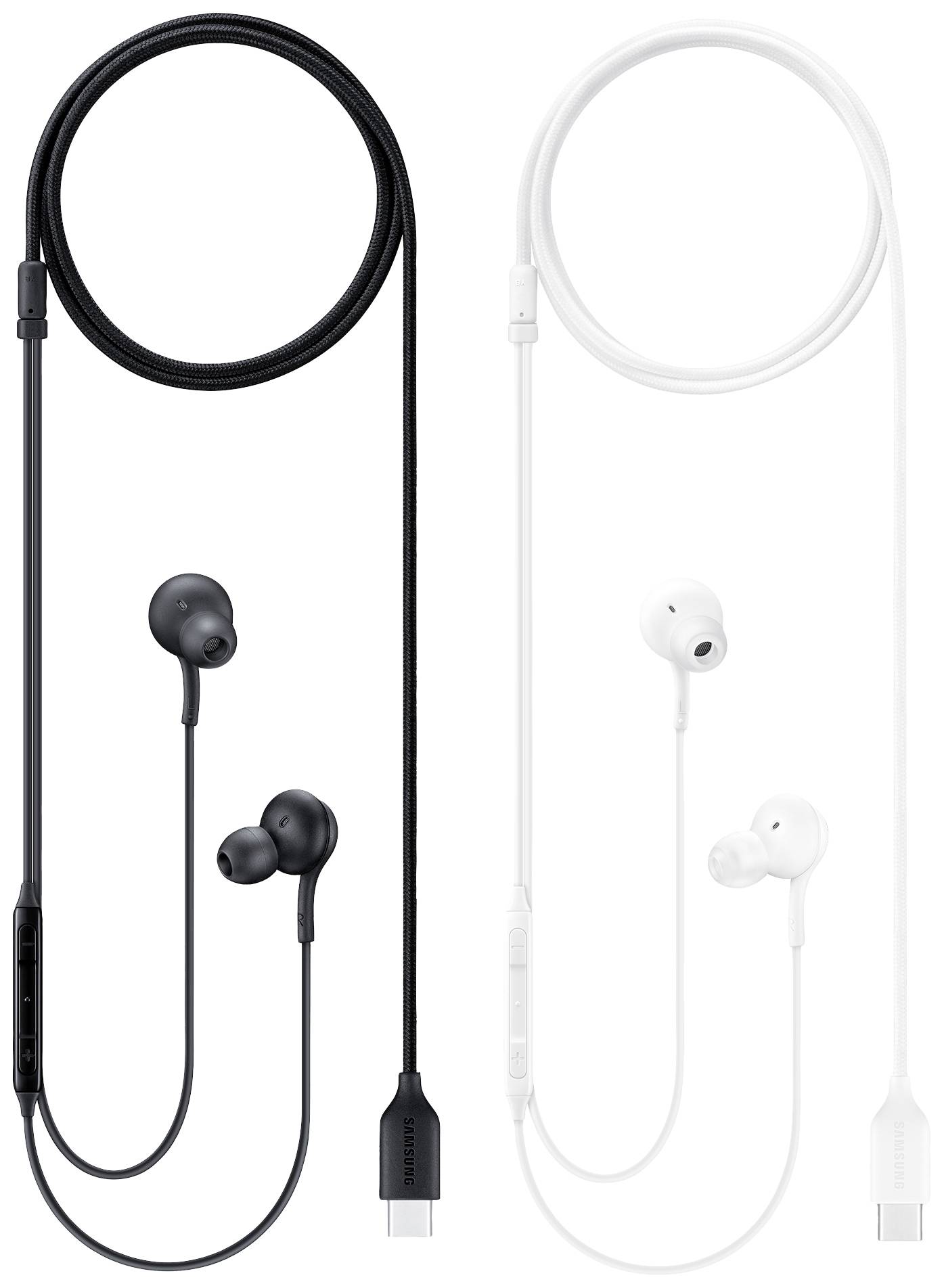 'Dva para žičnih in-ear slušalk, ena črna in ena bela, z USB-C priključki.'