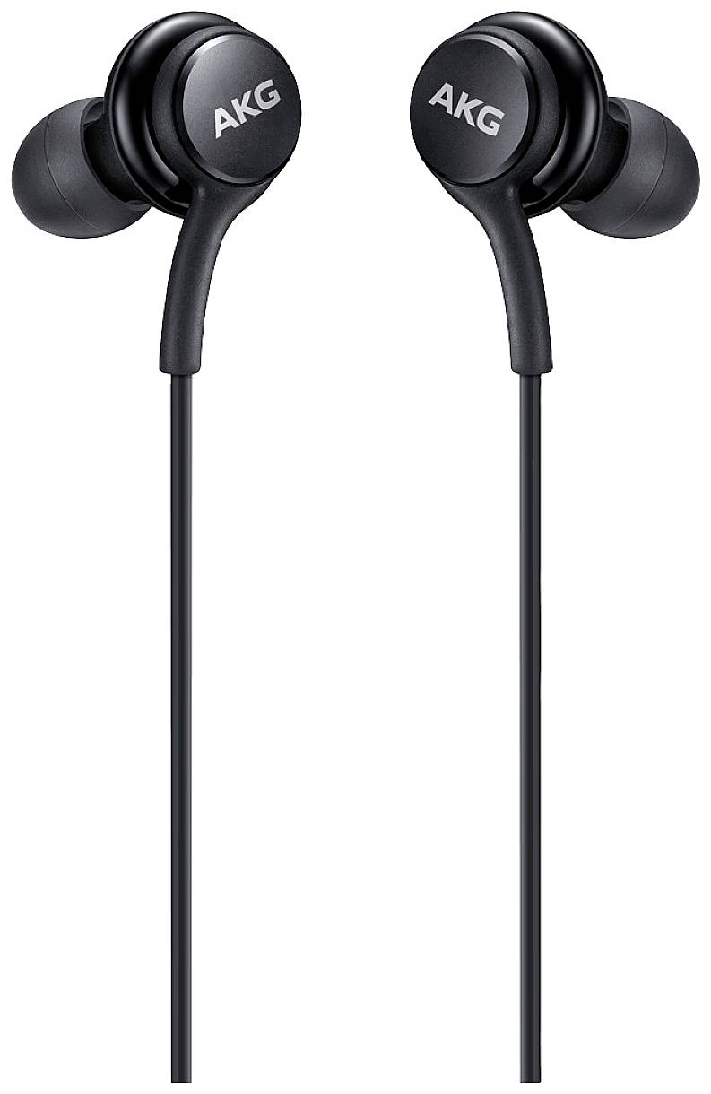 Črni žični in-ear slušalki znamke AKG s tankim dizajnom. Opremljeni so z okroglimi nastavki za ušesa in vgrajenim kablom.