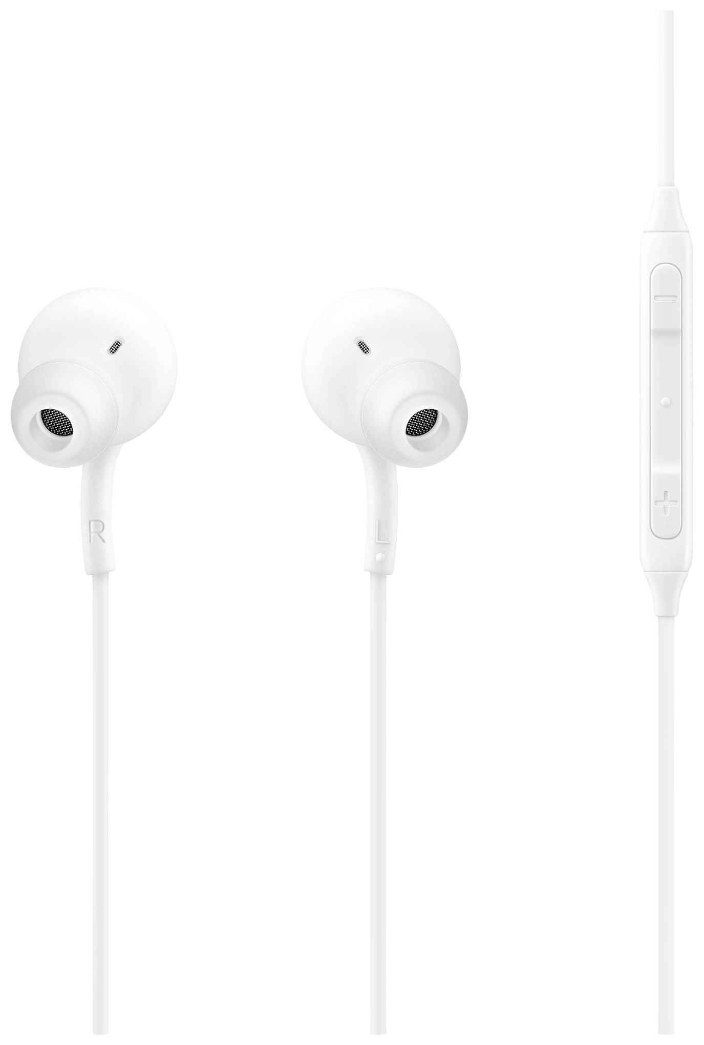 Beli slušalke in-ear z enim kablom in vgrajeno daljinsko upravljanje.
