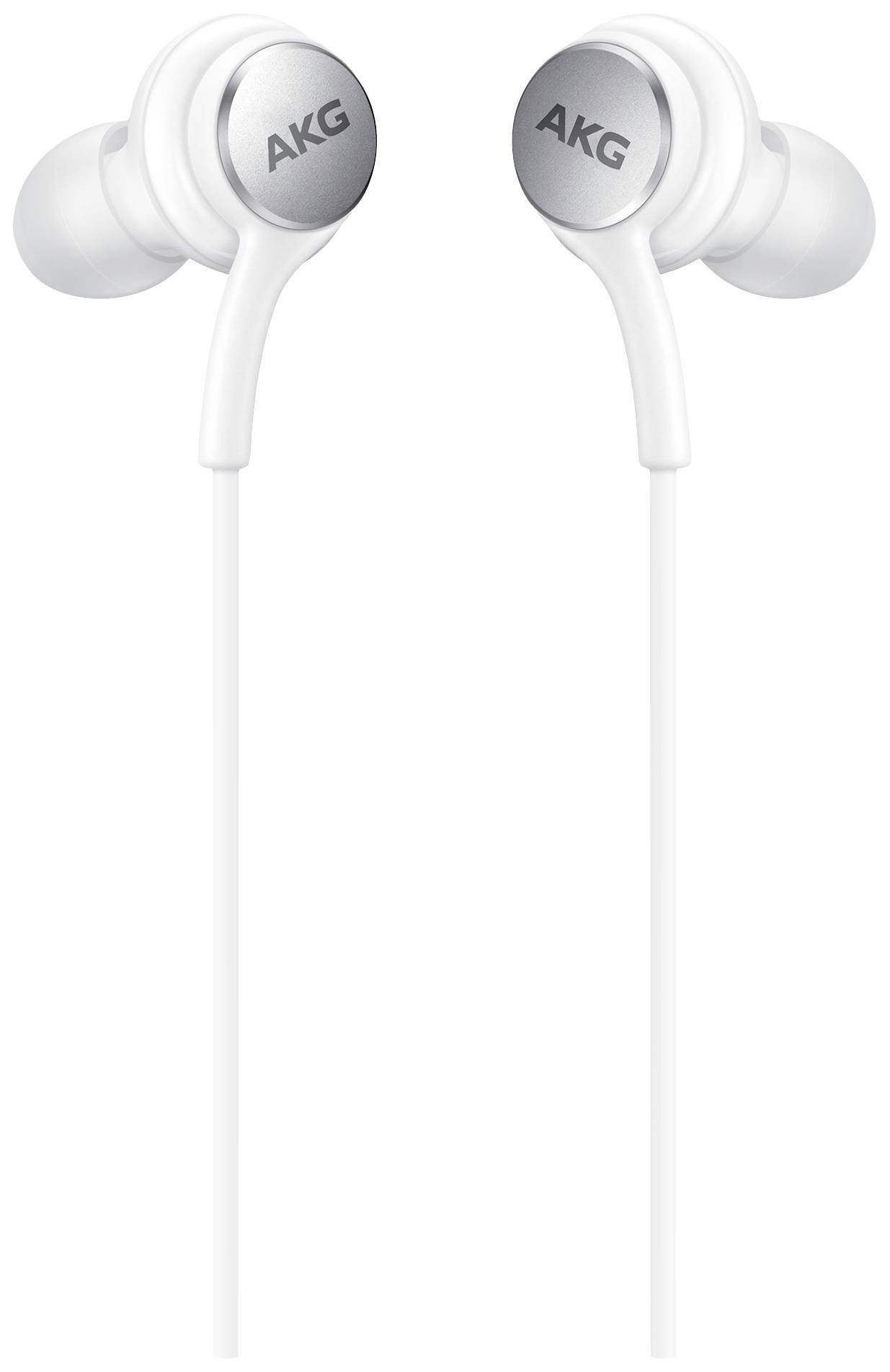 Beli AKG ušesni slušalki z sivimi poudarki, primerni za poslušanje glasbe ali telefoniranje.