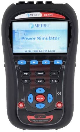 Ročni merilni instrument z zaslonom prikazuje 'Power Simulator'. Znamka 'Metrel', model MI 2891. Različne tipke za upravljalne funkcije.