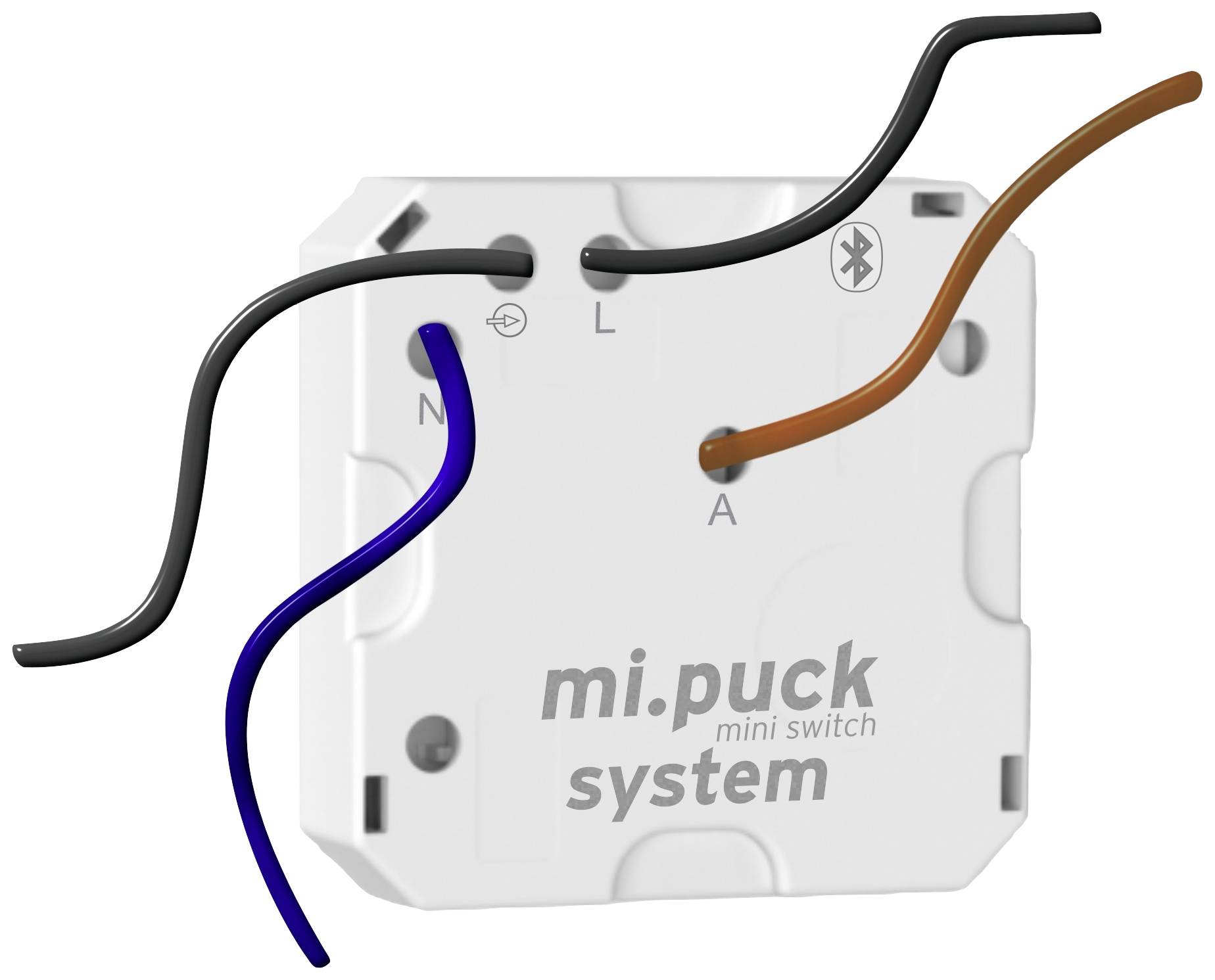 Električni stikalni element s kabelnimi priključki. Na njem je natisnjeno 'mi.puck mini switch system'. Simbol Bluetooth je v zgornjem desnem kotu.