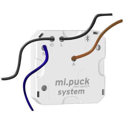 Električni stikalni element s kabelnimi priključki. Na njem je natisnjeno 'mi.puck mini switch system'. Simbol Bluetooth je v zgornjem desnem kotu.