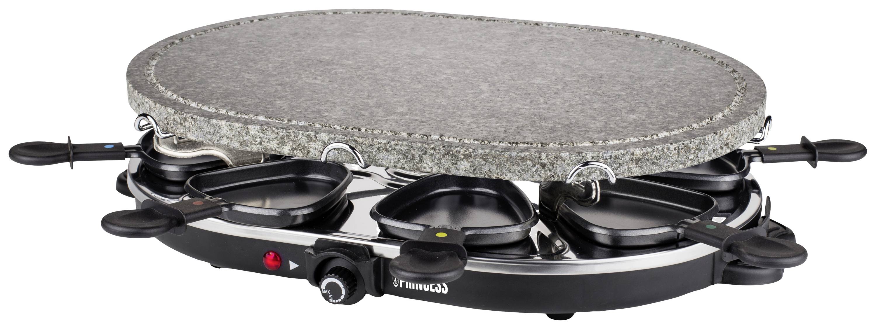 Električni raclette žar z odstranljivim naravnim kamnom in osmimi majhnimi ponvicami spodaj, primeren za skupinsko kuhanje ob mizi.