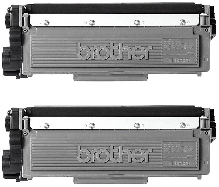 Dve sivi črnilni kartušni z napisom 'brother TN-2320', postavljeni ena nad drugo.