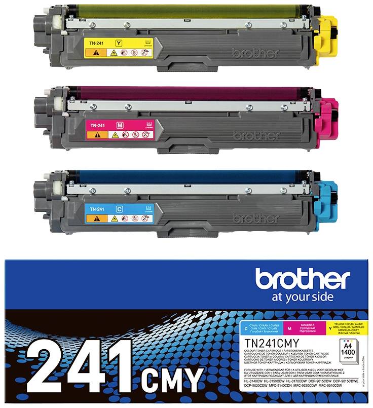 'Trije Brother TN-241 tonerji v rumeni, magentni in cian barvi. Embalaža spodaj za model TN241CMY.'