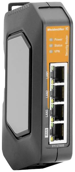 Varnostni usmerjevalnik Weidmüller s štirimi LAN-vrati in prikazom za napajanje, status in VPN na sprednji strani.