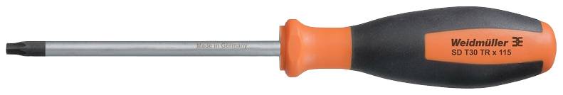 Izvijač z črnim in oranžnim ročajem, položen na stran, znamke Weidmüller, model SD T9 TORX 115.