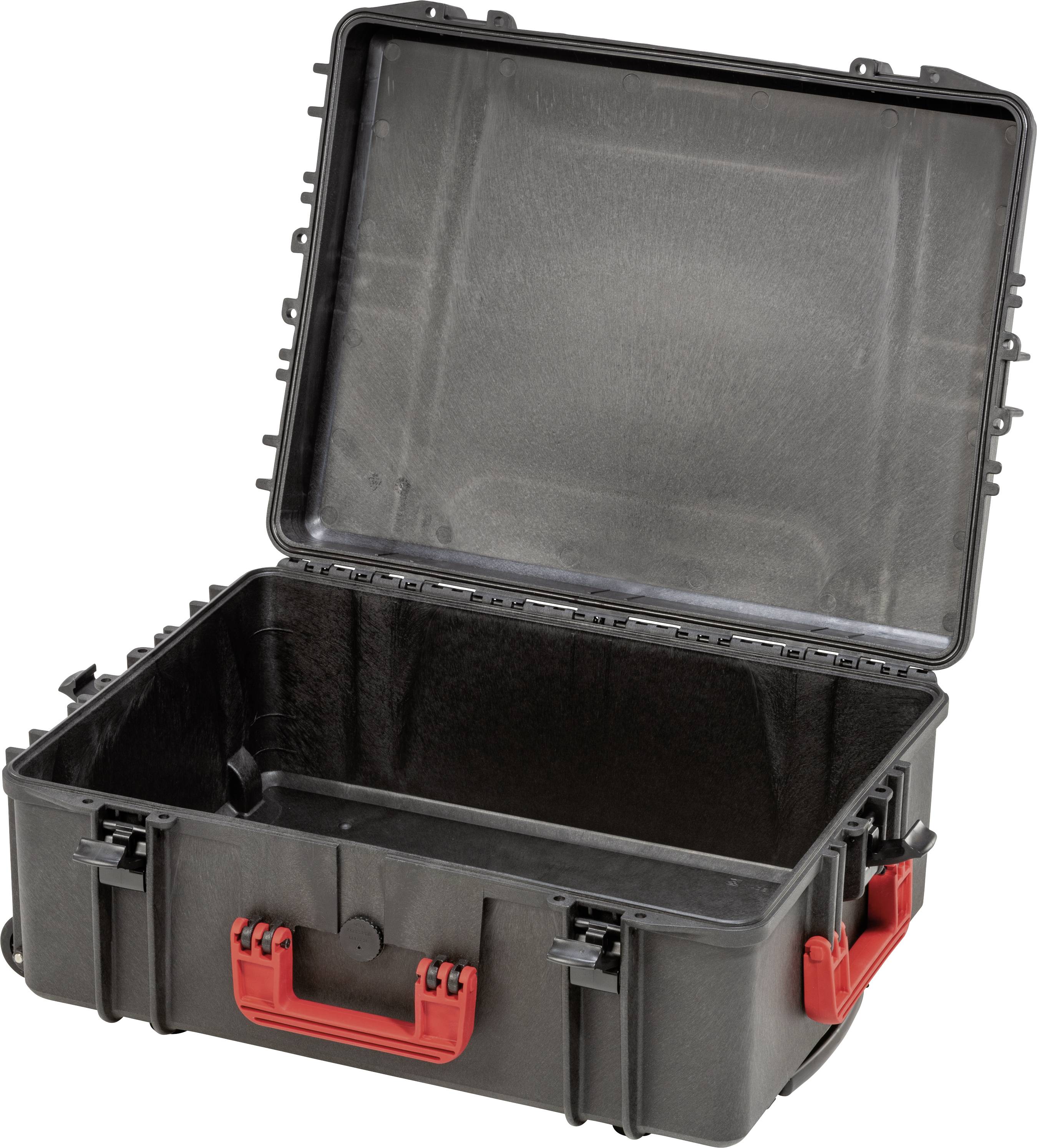 Odprt, prazen, črn trden kovček z rdečimi ročaji in zaklopi. Kovček deluje robustno.