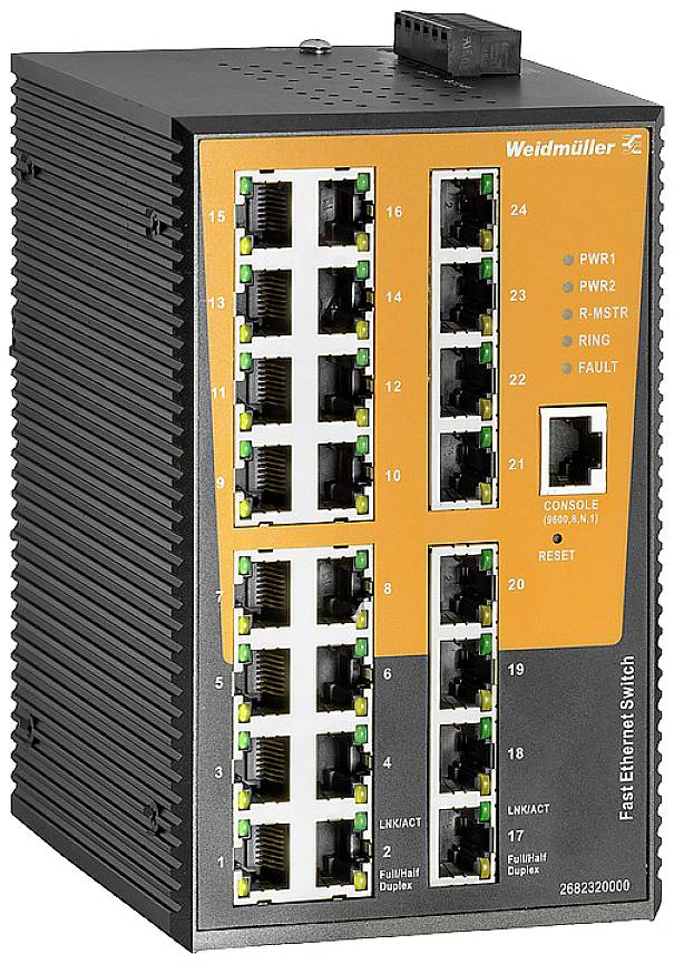 'Industrijski Ethernet stikalo s 24 vrati, LED indikatorji za napajanje in omrežni status, konzolni priključek in reset tipka. Model Weidmüller z robustno zasnovo.'