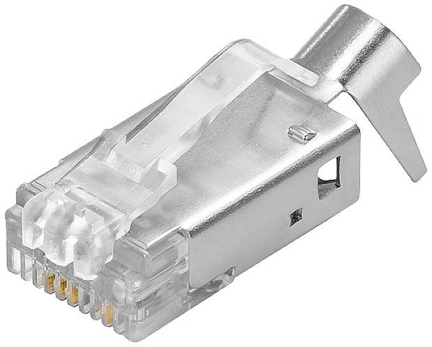 Srebrn RJ45 vtič s prozornim plastičnim ohišjem. Uporabljen za Ethernet povezave v omrežjih.
