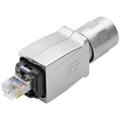 Srebrno ohišje eternet priključka z RJ45 priključkom spredaj, ki se uporablja za omrežne povezave.