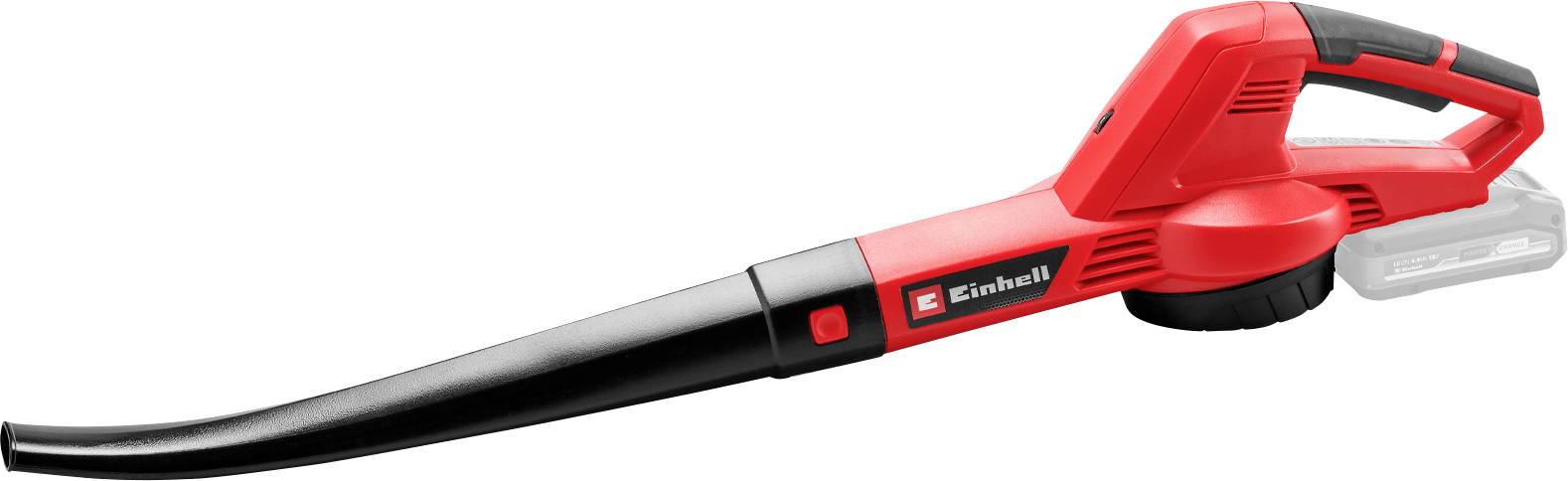 Rdeč električni puhalnik za listje z dolgim nastavkom za pihanje, ročajem in odstranljivim akumulatorjem. Primeren za odstranjevanje listja na vrtovih in dvoriščih.