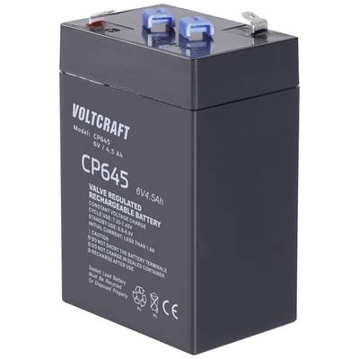 Črna, pravokotna, ponovno polnljiva 6V baterija znamke Voltcraft, model CP645, z modrimi in rdečimi priključnimi sponkami.