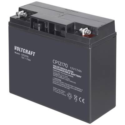 Voltcraft CP12170 svinčeni akumulator, 12V/17Ah, ponovno polnjiv, črn, s tehničnimi specifikacijami na sprednji strani.