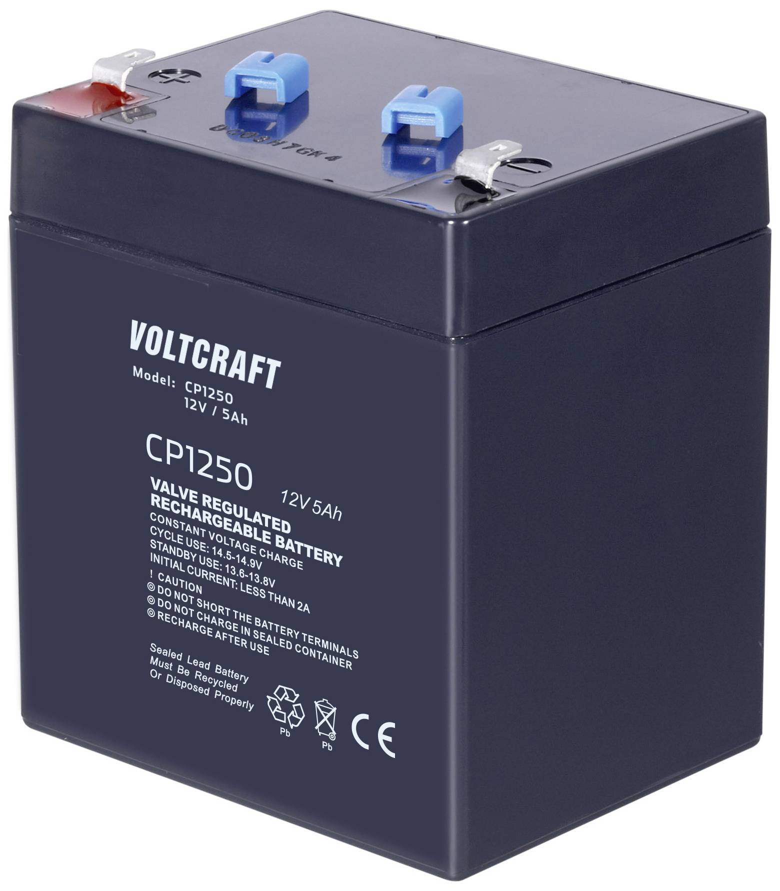 'Voltcraft CP1250' baterija, 12V, 5Ah, črna, z rdečimi in modrimi priključki zgoraj. Besedilo poleg priključkov: 'Ne povzročaj kratkih stikov'.
