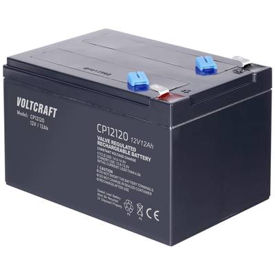 Črna 12V-baterija znamke Voltcraft, model CP12120, z modrimi priključki. Besedilo na bateriji navaja tehnične specifikacije.