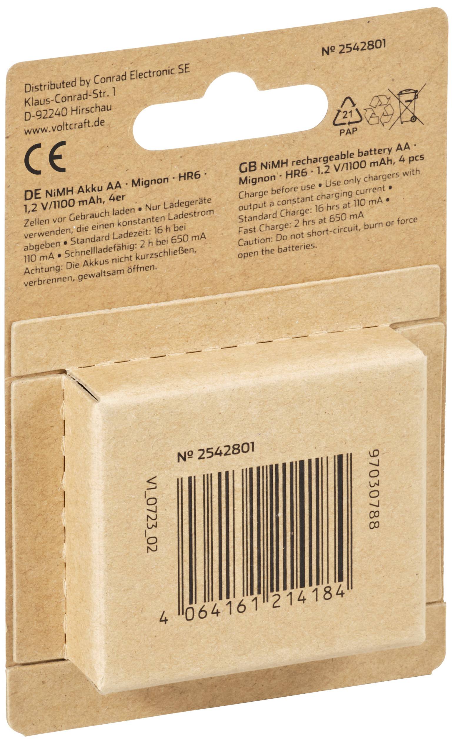 Embalaža polnljive NiMH AA baterije, 1,2V/1100 mAh. Vsebuje podatke o proizvajalcu in izdelku, črtno kodo.