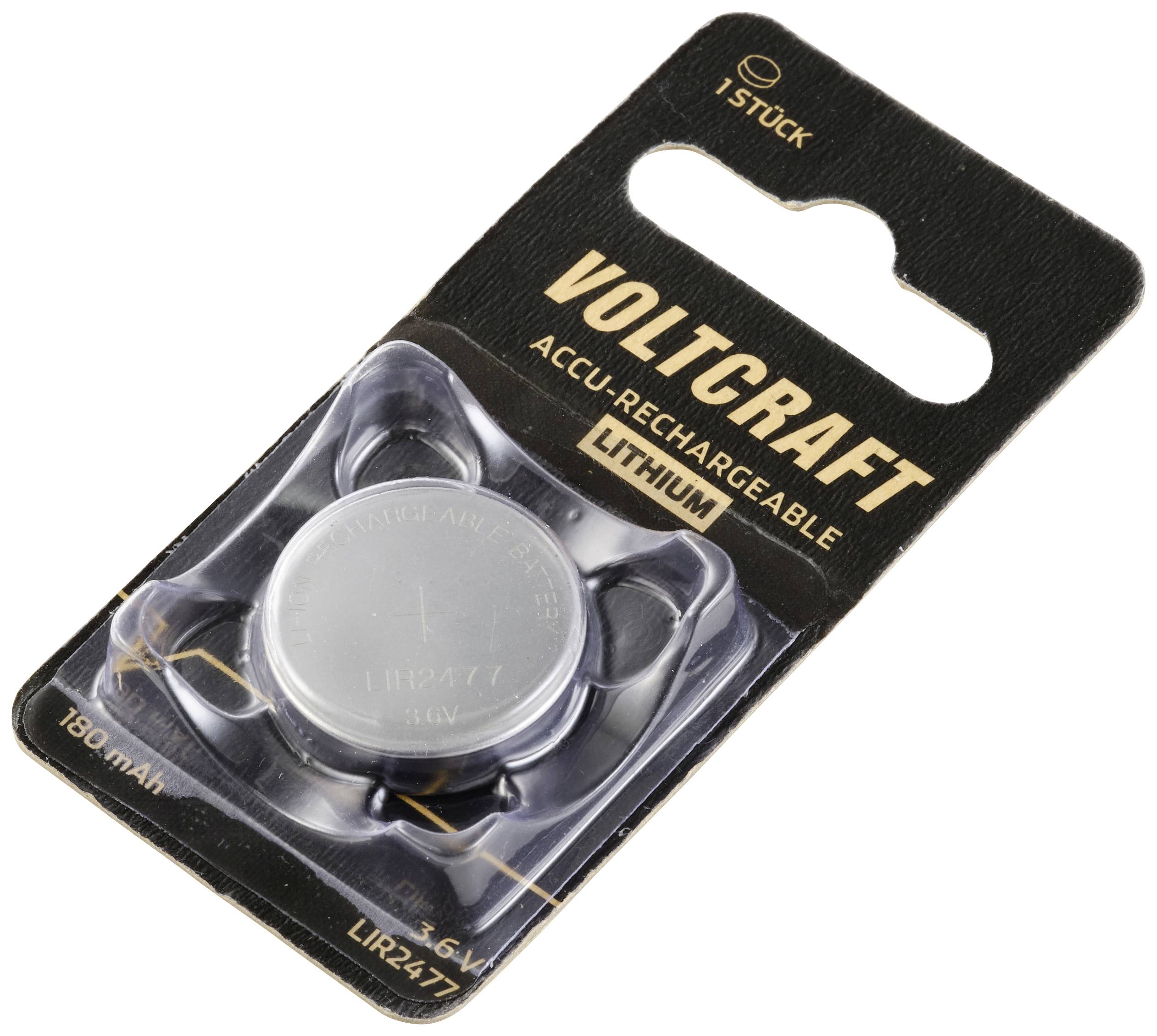 LIR2477 litij-gumbna celica v črni embalaži znamke Voltcraft, 3,6 V, 180 mAh, ponovno polnjiva.