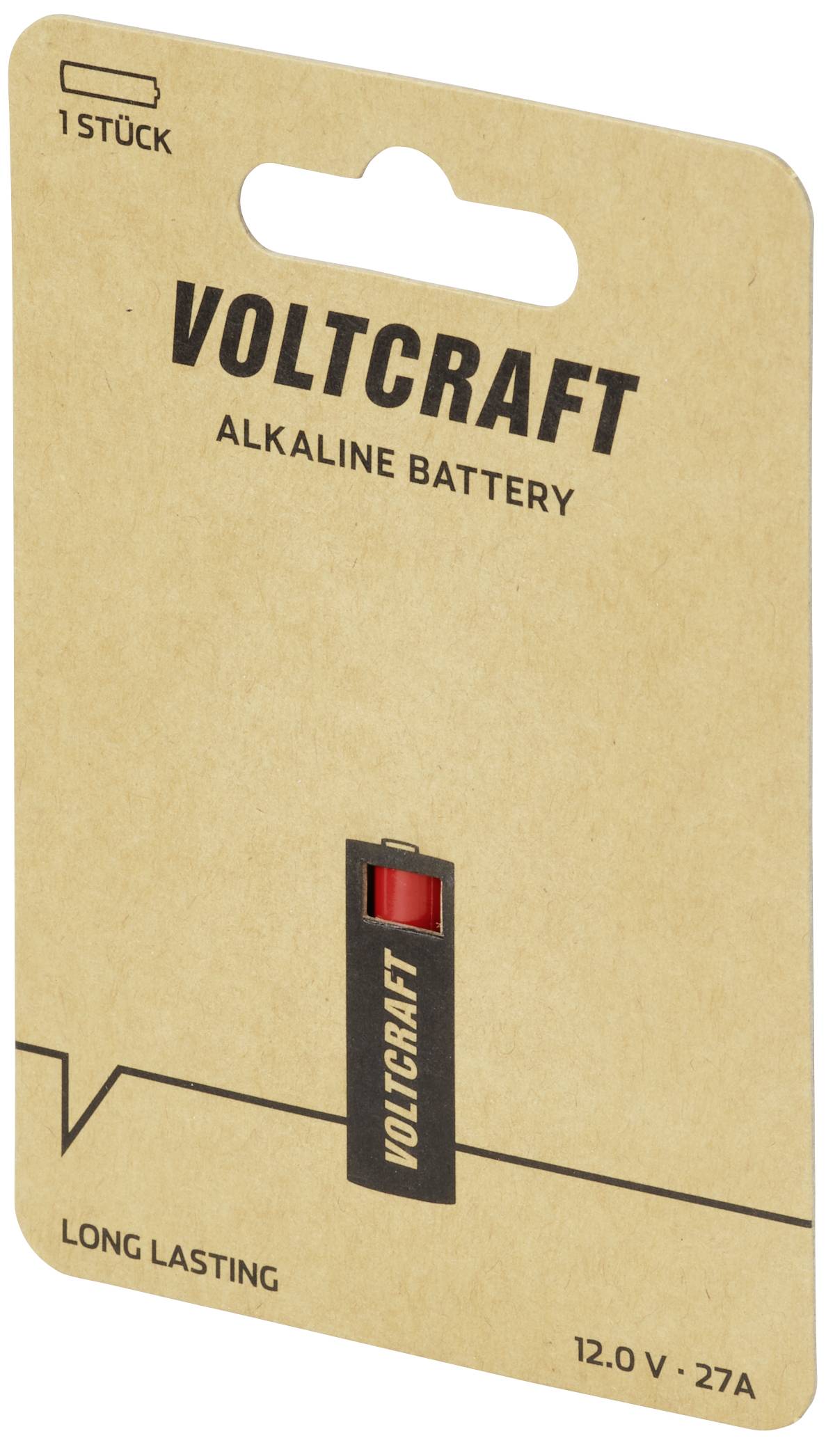 Embalaža Voltcraft alkalne baterije, 12,0V, 27A. Napis: 'Dolgotrajno', vsebuje 1 kos, rjava podlaga.