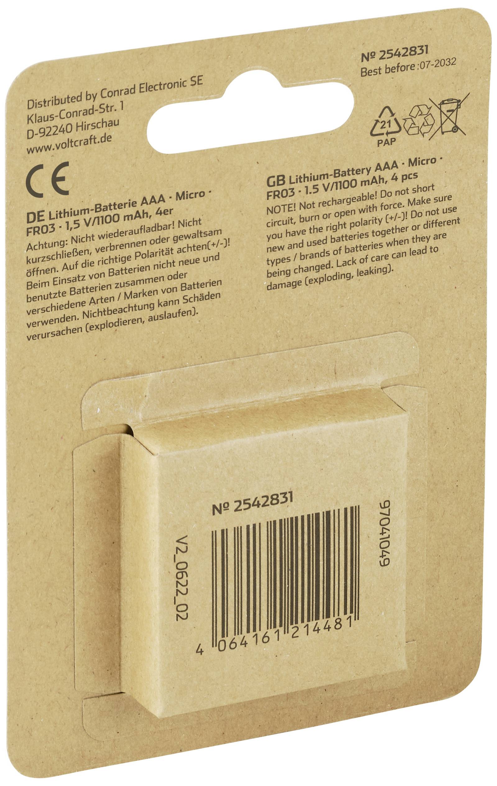 "Litij-baterija AAA, 1,5 V/1000 mAh, pakiranja po 4. Izdelano pri Conrad Electronic SE." Zadnja stran embalaže z črtno kodo.