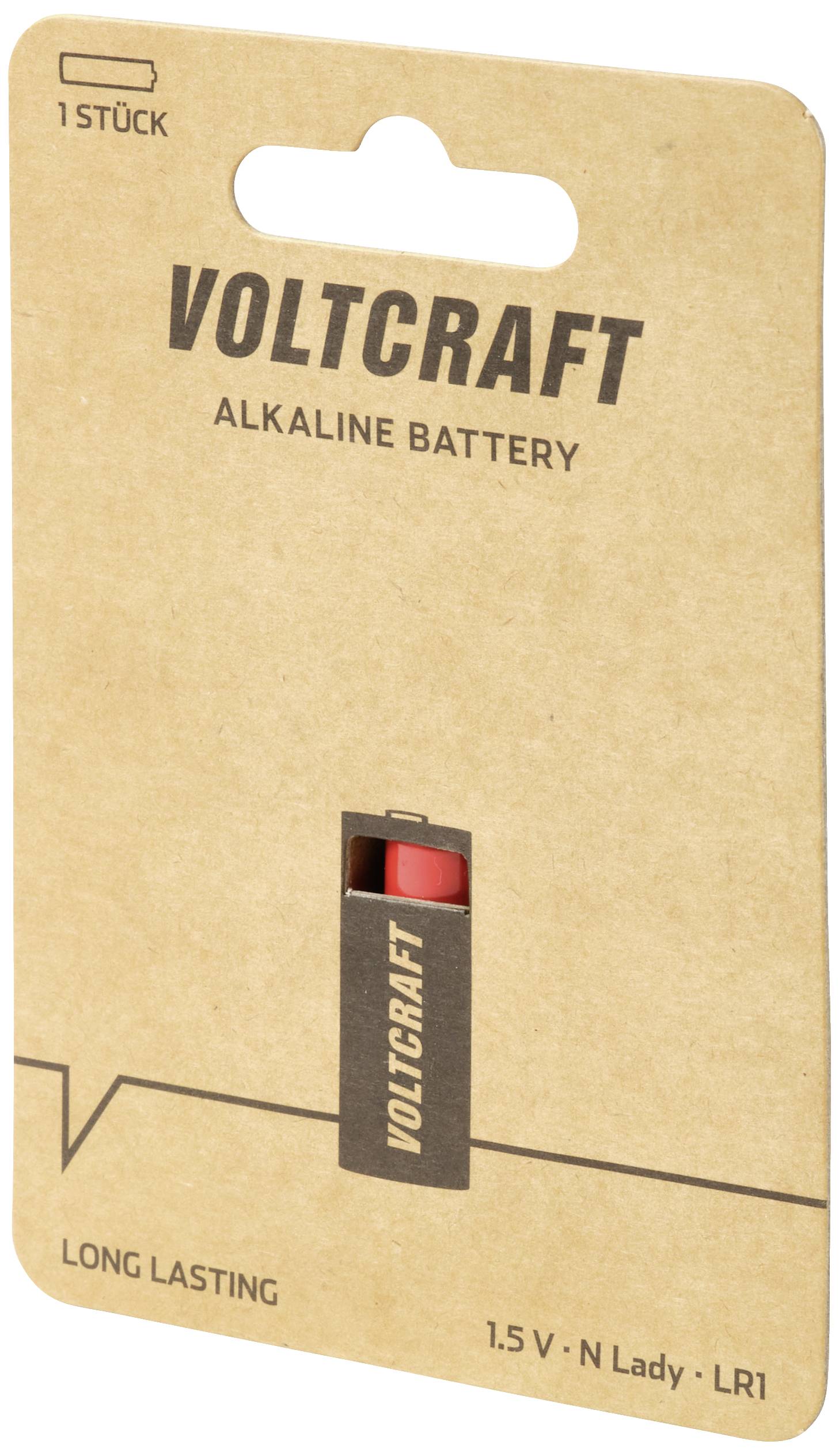 'Alkalna baterija znamke Voltcraft, 1,5 V, N Lady LR1, dolga življenjska doba, 1 kos, pakirana v naravnem kartonu.'
