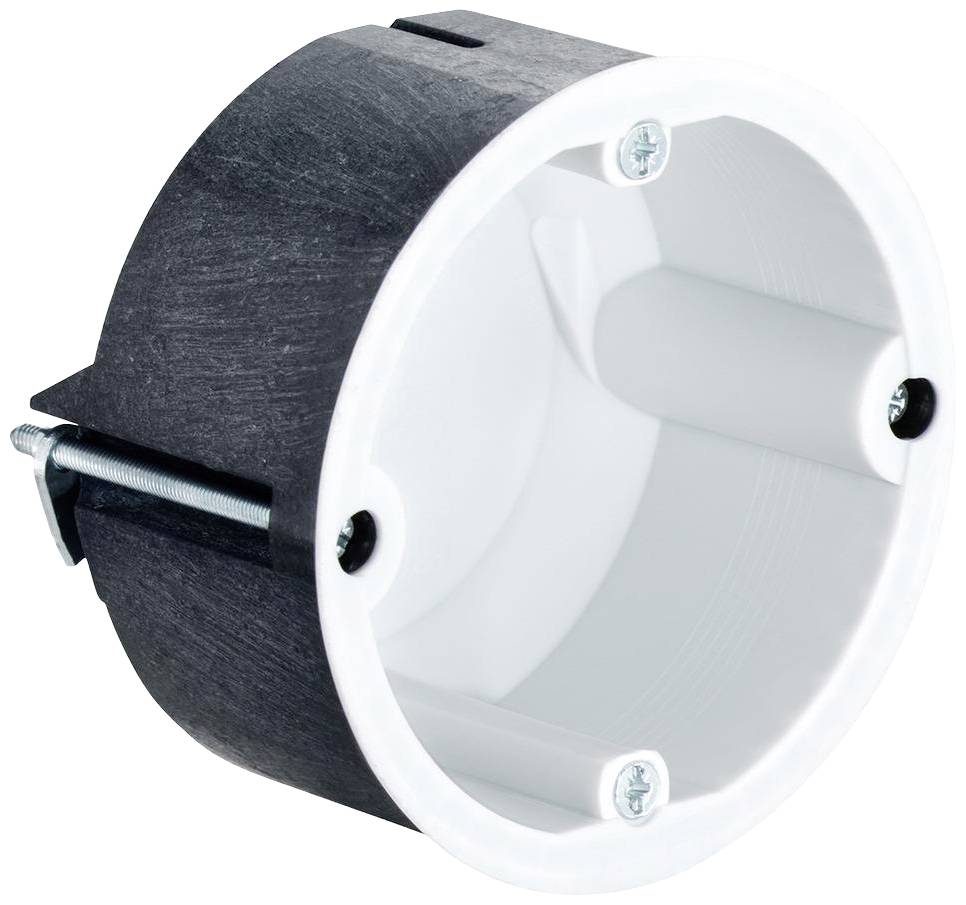 Okrogla, črna dovodna doza za votlo steno z belimi notranjimi stenami in dvema stranskima držaloma za vijake. Primerna za stensko montažo električnih priključkov.