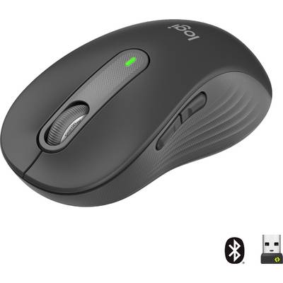 Črna brezžična računalniška miška z drsnim koleščkom in dvema stranskima gumboma. Spodaj desno prikazani simboli Bluetooth in USB, ki označujeta možnosti povezovanja.