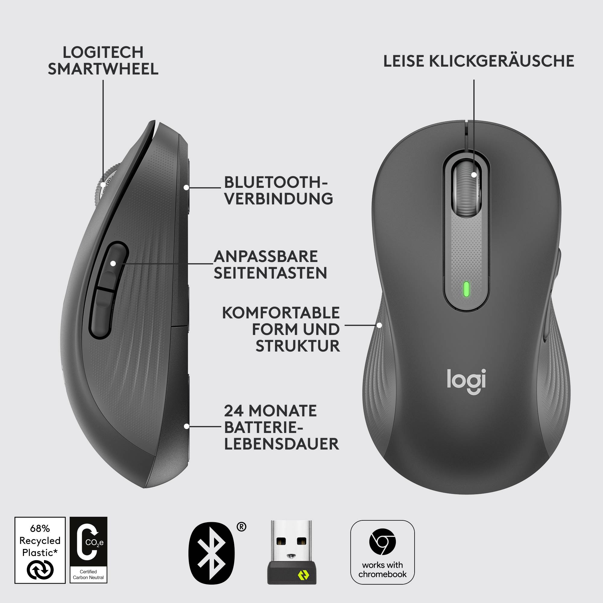 Logitech Signature M650 L left miška brezžično, Bluetooth® Velikost: l optični grafitna 5 Tipke 4000 dpi-5