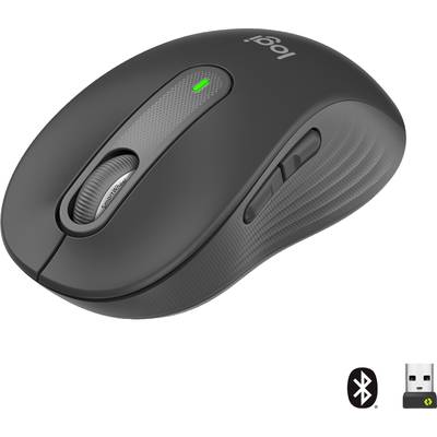 Brezžična siva računalniška miška z možnostmi povezave preko Bluetootha in USB-ja, vidni zunanji gumbi in drsni kolešček.