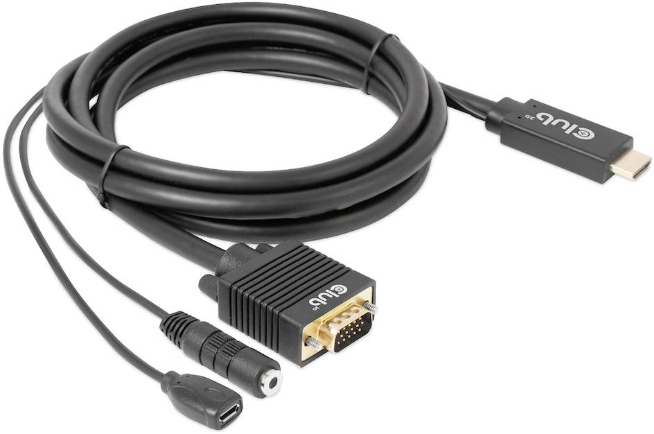 VGA-HDMI adapter s USB napajanjem in avdio kablom, namenjen povezovanju VGA naprav z HDMI zasloni.
